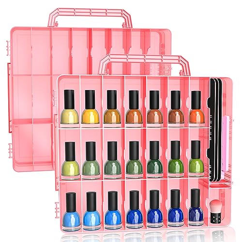 SUBAY 2 Pcs Portable Nail Polish Organizer, Clear Double Side Nail Polish Holder,Gel Nail Storage for 48 Bottles with 6 Adjustable Dividers in Each Side Space Saver Red - size: 2 Pcs Red