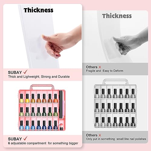 SUBAY 2 Pcs Portable Nail Polish Organizer, Clear Double Side Nail Polish Holder,Gel Nail Storage for 48 Bottles with 6 Adjustable Dividers in Each Side Space Saver Red - size: 2 Pcs Red