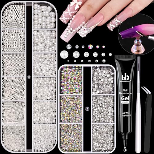 Nail Rhinestones Flatback Pearls Charms and Nail Beads for Nails with Glue - color: 14 2 Boxes Nail Art Decos Set 35+Glue