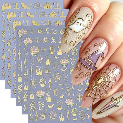 Halloween Nail Art Sticker Sword Castle Nail Sticker 6Pcs Gold Gothic 3D Self-Adhesive Pumpkin Spider Web Dragon Nails Decals Pumpkin Castle Nail Supplies Accessories for Halloween Manicure Decoration - color: Sword Castle