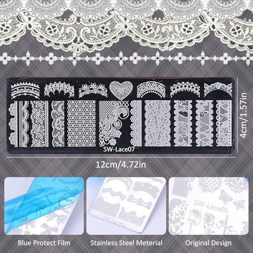 Lace Nail Stamping Plate Set - French Tip Stamp Silicone Nail Stamper Kit Bow Lace Design with Nail Stamp Plates Laser Storage Bag Nail Art Stencil Nail Supplies for Home DIY &Professional Salon - style: Lace Style