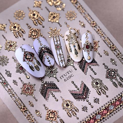 Boho Nail Stickers Gold Black Red Ethnic Tribal Feather Designs - color: Color 32