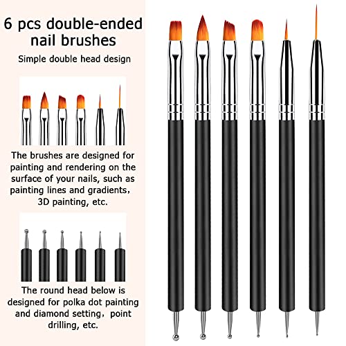 Lofuanna Nail Art Brush Set,6pcs Double Ended Fine Nail Liner Brush Dotting Pen Painting Tools with Nail Extension Gel Brush, Builder Gel Brush, Nail Art Liner Brush, Nail Dotting Pen for DIY Manicure