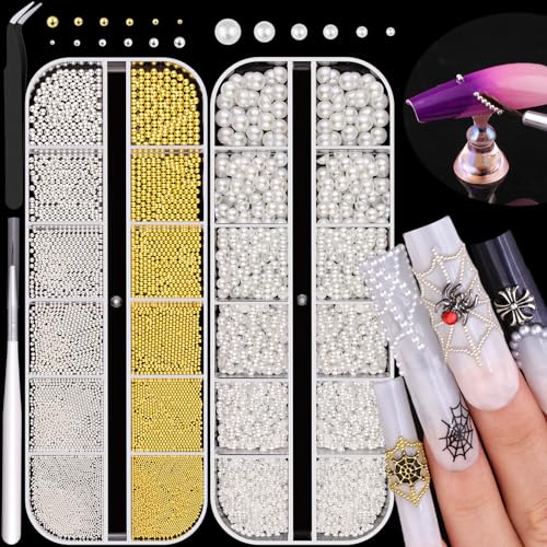 Silver Gold Nail Beads and Flatback Pearls for Nails White Nail Pearls - color: 02 2 Boxes Nail Art Decos Set 2