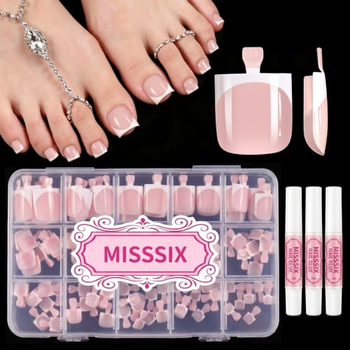 Misssix Press on Toenails Short, 150pcs French Tip Toe Nails with Glue - color: Nude White French Tip toe nails