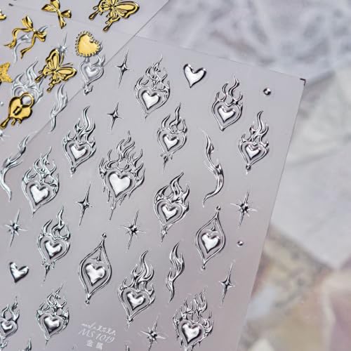 SOFTSOUL 5D Embossed Nail Stickers – Premium Salon-Grade Nail Art Stickers, Self-Adhesive Nail Decals, Long-Lasting, Detailed Textured Designs, Easy DIY Manicure, Home or Salon Use (Flaming Heart) - color: Flaming Heart