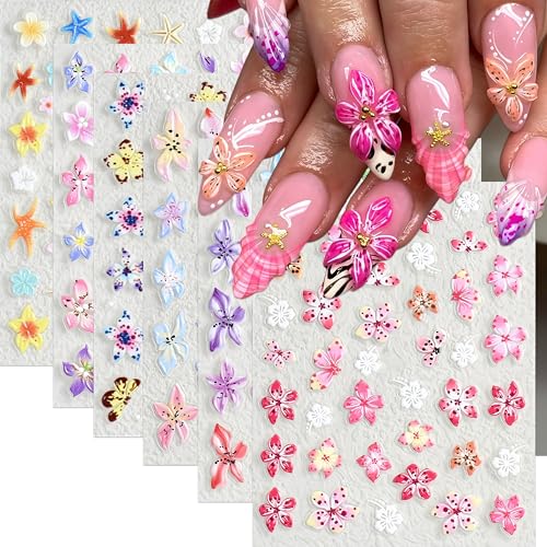 6Sheets Colorful Flower Nail Art Stickers 5D Micro Embossed Hawaiian Flowers Nail Decals Lily Hibiscus Floral Nail Design Tropical Flower Manicure Supplies Summer Floral Nail Accessories for Women - style: hawaiian flowers