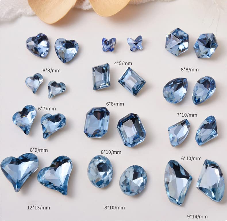 48 Pcs Big Mix Sizes Different Shape Nail Rhinestones 12 Styles 3D Glass Crystals Diamonds Love Distorts Heart Super Shiny Charms Gems Stones DIY Nail Art Decoration Craft Jewelry (Light Blue) - color: Light blue