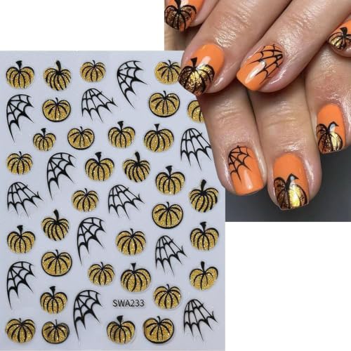 Halloween Pumpkin Nail Art Stickers Spider Webs Nail Art Decals 6 Sheets 3D Self-Adhesive Glitter Orange Yellow Pumpkin Stickers for Women Halloween Nail Supplies Fall Nail Decorations - color: Halloween Style4