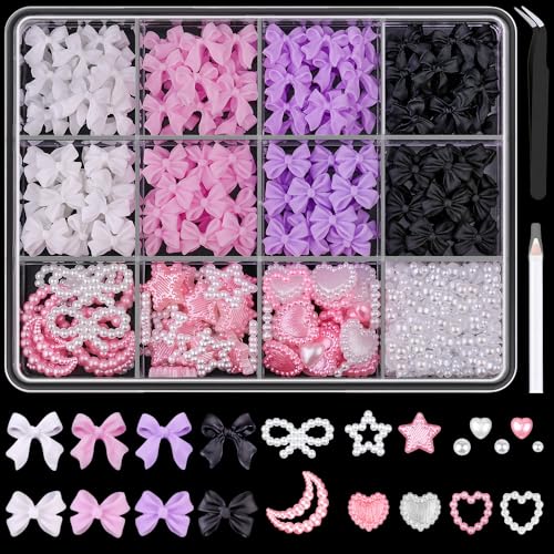 600 Pcs 3D Nail Bow Charms and Flatback Pearls Nail Charms Set 7 - color: Set 7- 4 Colors A+B Style