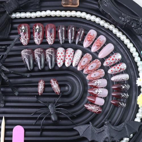 Halloween Spider Press On Nails Medium Almond Fake Nails 3D Chrome Silver Spider Web Design Gothic False Nail Red Black Gradient Full Cover Glue On Nails Spooky Halloween Manicure Kit for Women 30Pcs - color: special Halloween-2