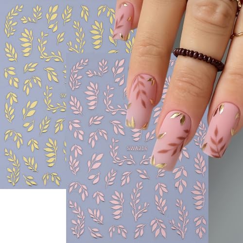 6 Sheets Fall Leaf Nail Stickers 3D Self-Adhesive Leaves Nail Decals Gold Silver Rose Gold Leaf Nail Design Cute Branches Leaves Nail Supplies Fall Winter Nail Accessories for Women DIY Manicure - color: Leaves