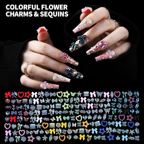 FAMDAMEI 24 Grid Nail Charms, Nail Art Kit with Multi Shapes Bedazzling Gems for Nails, Flatback AB Nail Rhinestones Nail Pearls, Y2K Cute Nail Charms, 3D Hawaii Flowers Nail Jewels for Nail Design - color: white pink flower/colorful bow/sequin/clear pear
