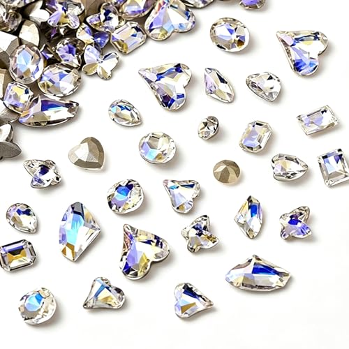 48 Pcs Big Mix Sizes Different Shape Nail Rhinestones 12 Styles 3D Glass Crystals Diamonds Love Distorts Heart Super Shiny Charms Gems Stones DIY Nail Art Decoration Craft Jewelry (Moonlight) - color: Moonlight