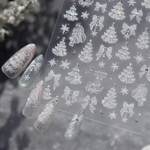 1 Sheet Christmas Nail Stickers 5D Embossed Winter Nail Decals White Snowflake Lace Xmas Tree Bow Nail Art Sticker with Rhinestones Design Christmas Nail Supplies for Women Manicure - color: Christmas02