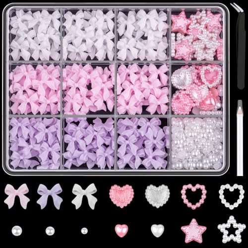 600 Pcs 3D Nail Bow Charms and Flatback Pearls Nail Charms Set 4 - color: Set 4- Pink&White&Lilac A Style