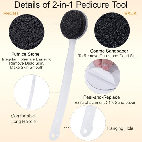 Double Sided Pumice Stone for Feet with Long Handle 13.7", Hard Skin Callus Remover, Foot Scrubber and Exfoliator Pedicure Tool with Sand Paper for Softer & Smoother Feet, Clear White - color: Black Pumice