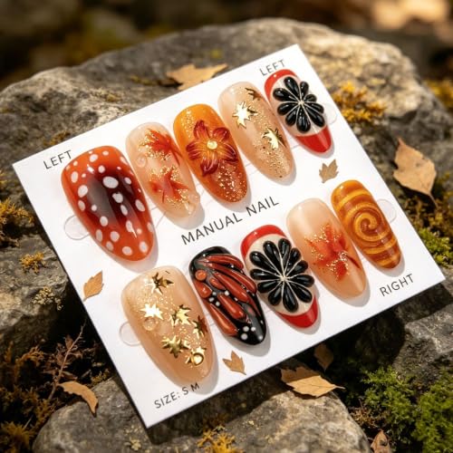 30Pcs Fall Press on Nails Medium Almond Maple Leaf 3D Flower Fake Nails - color: Fall06
