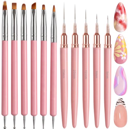 6 Nail Art Brushes with Dotting Tools and 5 Liner Brushes for Nails Detail - color: APink