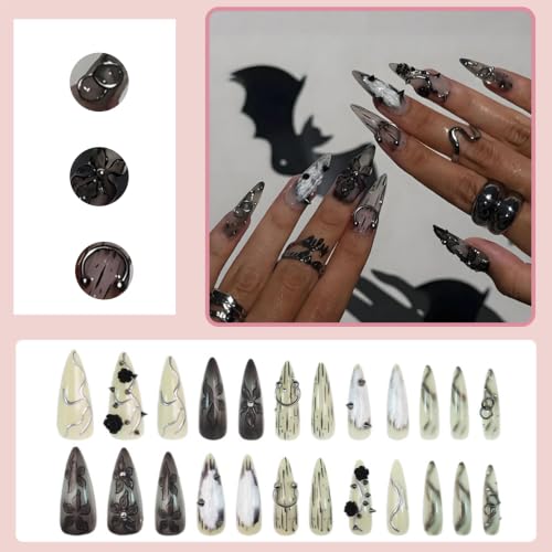 24Pcs Gothic Press on Nails Long Stiletto Floral Fake Nails with 3D Black Rose Metal Piercing Spikes Beads Design Punk Style Acrylic Nails Y2K Almond False Nails Goth Flower Glue on Nail for Women - color: style06