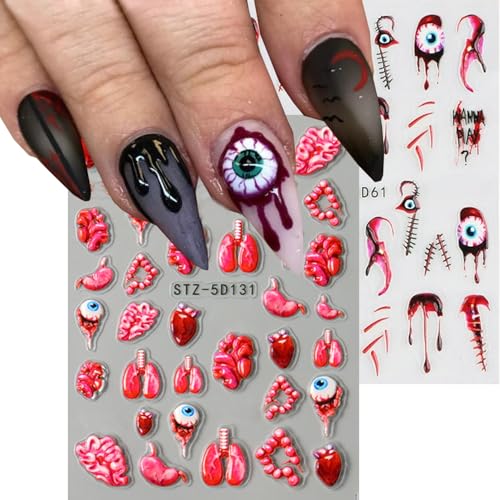 2 Sheets Halloween Horror Nail Art Stickers 5D Embossed Blood Eyes Wounds Pattern Nail Stickers Gothic Horror Day of Death Design Nail Sticker for Women Holiday DIY Manicure Decoration - style: Holiday