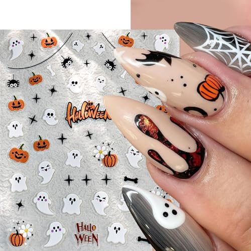 6Sheets Cute Ghost Nail Stickers for Nail Art,Micro-Relief Halloween Spider Nail Decals Pumpkin Cat Heart Spider Web Nail Designs Bat Star Nails Accessories for Women Acrylic Manicure Holiday Supplies - style: ghost