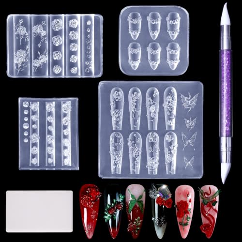 Laza 4pcs 3D Flower Mold for Nails, Multiple Rose Shapes Nail Molds - color: Blooming Rose Ripple