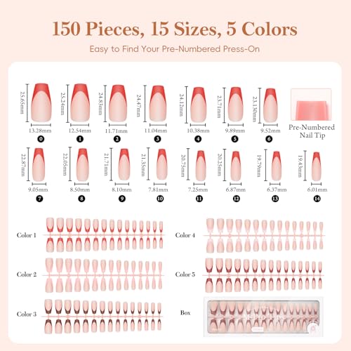 PEACECOLOR French Tip Press On Nails Kit - 150Pcs Long Coffin 5 Colors Nail Tips Gel Nail Kit with U V Light Base & Top Coat Starter Kit Nail Glue Manicure Set Fake Nails DIY Gift for Women Girls Home - color: Long Coffin