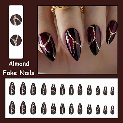 MISUD Press on Nails - Medium Stiletto Glue on Nails with Goth Red Black, Acrylic Gothic Vampire Design 24 pcs - color: 11203Red&Black