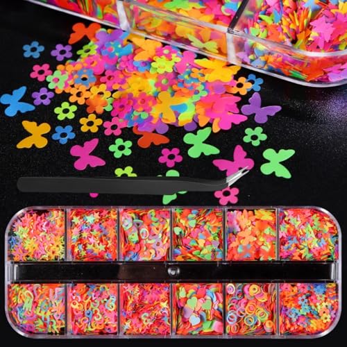 1 Box Holographic Heart Star Nail Glitter Butterfly Flower Nail Sequins 3D Letter Alphabet Nail Flakes Sparkly Powder Flakes Shiny Nail Glitter Figure Nail Sequins Glitter for Nails Art 12 Grids - color: Color 46