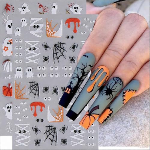 Halloween Ghost Nail Art Stickers Cute Cartoon Pumpkin Ghost Nail Art Decals 4 Sheets 3D Embossed Self-Adhesive Stickers Spider Flower Nail Design for Women Halloween Nail Supplies Nail Decorations - color: Halloween Style2