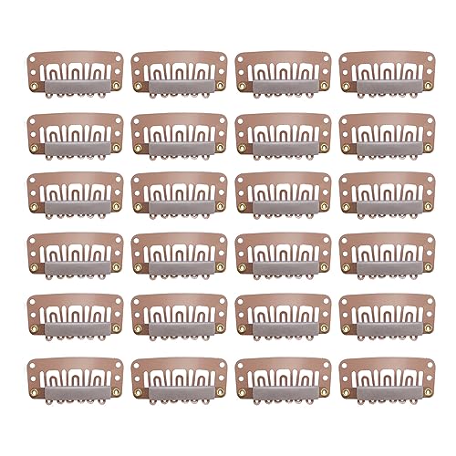 24 pcs/lot Hair Extensions Clips 6-Teeth U-Shape Snap Metal Wig Clips with Rubber for Hairpiece Hair Extensions (3.2cm Light Brown) - color: Light Brown, style: 32mm 24pcs U-shape