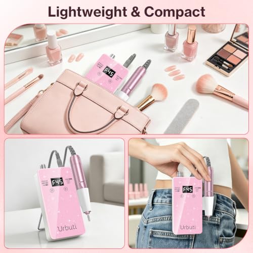 Electric Nail Drill 45000RPM Professional,Glitter Portable E-File Nail Drill Kit for Acrylic & Gel Nails,LCD Display & 4000mAh,Electric Nail File 12 Bits,Manicure Pedicure Kit for Home Salon,Pink - color: Pink