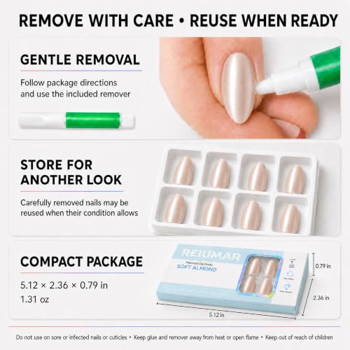 Champagne Shimmer Press On Nails, 32-Piece Almond Reusable ABS Fake Nail Kit with Nail Glue, Glue Remover, Adhesive Tabs, Mini File, Prep Pad and Manicure Stick - color: Champagne Shimmer - Almond