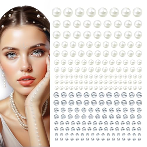 qiipii 4 Sheets Ivory White Flatback Pearls Rhinestones Stickers Self Adhensive Beige White 3-8mm Half Pearls Stick On Jewels Multi Sizes Gems Crystals Stick on for Nails Face Eyes Hair Makeup Crafts - color: Beige Perals+silver Clear Rhinestones, size: M