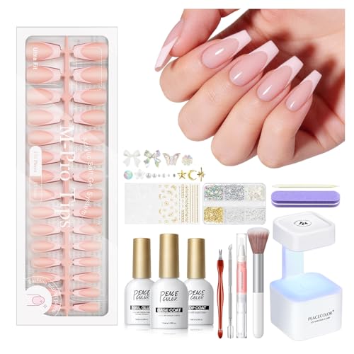 PEACECOLOR French Tip Press On Nails Kit - 150Pcs Long Coffin 5 Colors Nail Tips Gel Nail Kit with U V Light Base & Top Coat Starter Kit Nail Glue Manicure Set Fake Nails DIY Gift for Women Girls Home - color: Long Coffin