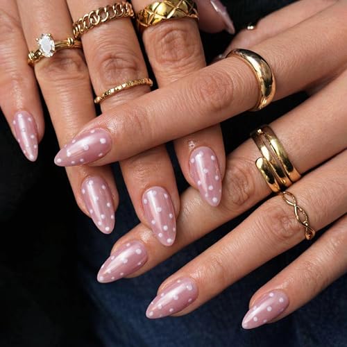 Qsnidy Pearlescent Press on Nails - Glazed Polka Dots, Medium Almond - color: Glazed Polka Dots