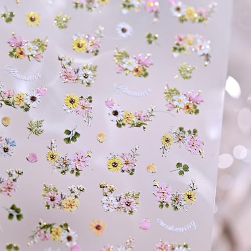 1 Sheet Colorful Daisy Flower Nail Art Stickers 5D Self-Adhesive Embossed Floral Nail Decals Cherry Blossom Nail Design Cute Floral Nails Supplies for Women Spring Summer DIY Nail Decor Accessories - style: daisies