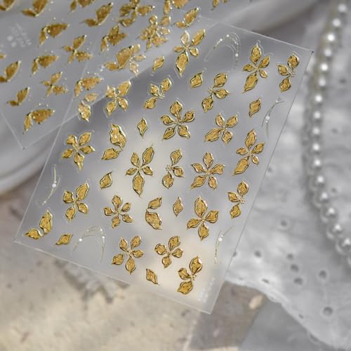 5D Embossed Nail Stickers, Premium Salon-Quality Self-Adhesive 3D Nail Art Decals, Refined Classic Designs for Easy DIY Manicure (Golden Flora) - color: Golden Flora