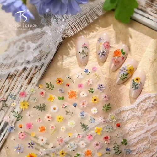 Flower Nail Art Stickers Decals Floral Leaf Plant Nail Decals for Nail Art Design 3D Self-Adhesive Nail Sticker Colorful Flower Adhesive Transfer Slider DIY Spring Tip Decor Manicure - color: 1