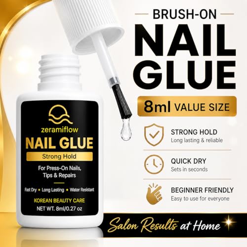 Brush-On Nail Glue for Press On Nails – Strong Hold Quick Dry Nail Glue with Precision Brush, 8ml for Nail Tips & Repairs, Zerami Flow