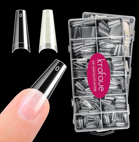 Krofaue 1200PCS Coffin Nail Tips, Clear & Natural Half Cover, 12 Sizes - color: Clear Natural Coffin Half Cover