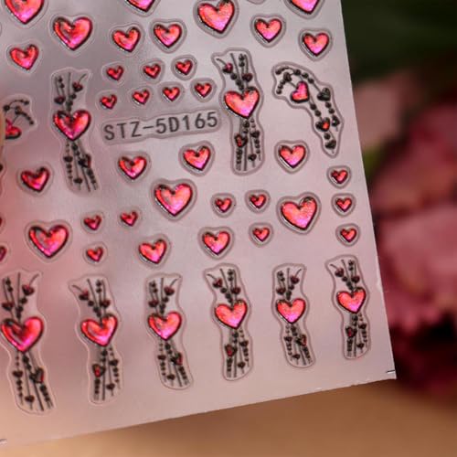 5D Valentine’s Day Nail Art Stickers 5D Embossed Pink Glitter Heart Nail Decals 2PCS Love Hearts Self-Adhesive Valentines Nail Art Decorations Supplies Heart Line Design Manicure Sliders for Women - style: glitter jelly heart line