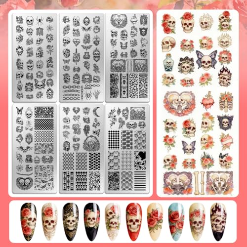 6 Sheets Nail Stamping Plate Skull Rose Nail Art Stamp - color: Skull Rose