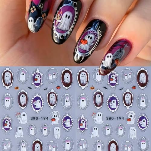 Halloween Silver Frame Ghost Nail Art Stickers Pumpkin Bat Nail Art Decals 3 Sheets 5D Self-Adhesive Ghost Nail Stickers Castle Bat Nail Design for Women Halloween DIY Nail Supplies Decorations - color: Halloween Style14