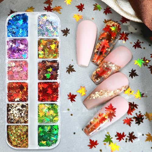 1 Box 12 Color Holographic Fall Leaf Nail Glitter Hexagonal Nail Sequins 3D Maple Nail Flakes Laser Aurora Gradient Glitter Flakes Iridescent Nail Art Glitter Shiny Nail Sequins Glitter for Nail Art - color: YHN25