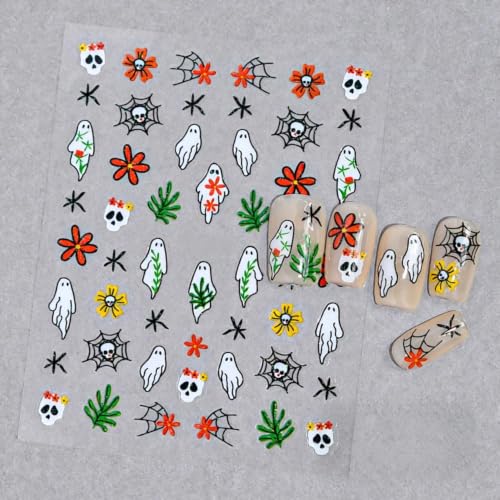 Halloween Nail Art Sticker Pumpkin Nail Sticker 6Pcs Horror 3D Self-Adhesive Ghost Skull Spider Web Bat Nails Pumpkin Decals Skeleton Castle Nail Supplies Accessories for Halloween Manicure Decoration - color: Pumpkin Face