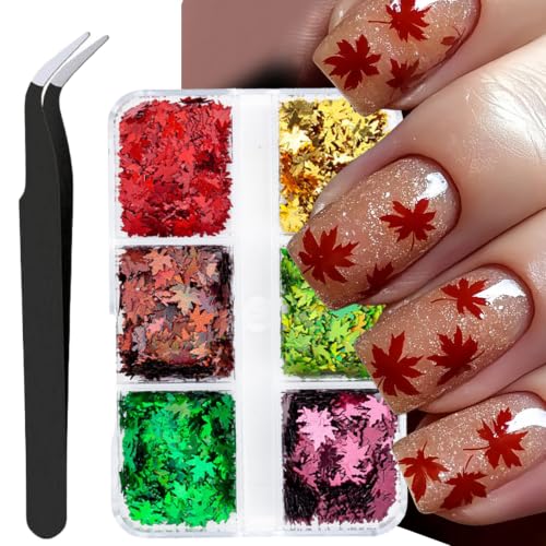 Colorful Maple Leaf Nail Sequins Holographic Thanksgiving Glitter Flakes - color: Style10