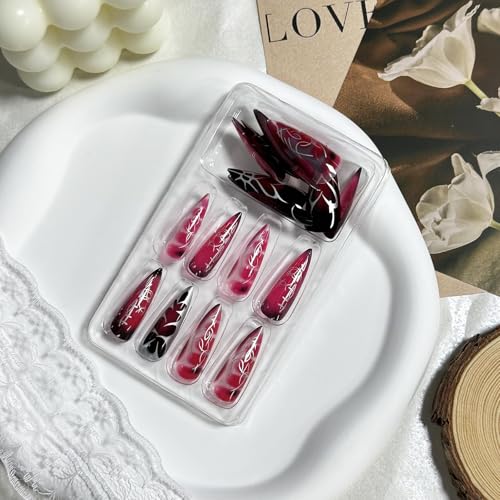MISUD Press on Nails - Long Stiletto Glue on Nails with Goth Red Black, Acrylic Vampire Gothic Design 24 pcs - color: 02305-10Red&Black