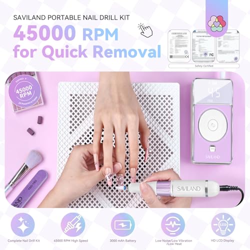 SAVILAND SSPro X-Drill Nail Drill Professional: 45000 RPM Quick Removal for Acrylic Nails Electric Nail File 3000 mAh Nail Drill Kit Portable EFile with Ceramic Bits Sanding Bands Nail Tech Salon - color: Purple White